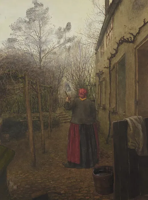Framed Print : Woman Sweeping the Yard outside the Inn at Vaugirard, 1865. Creator: Leon Bonvin Framed Print : Woman Sweeping the Yard outside the Inn at Vaugirard, 1865. Creator: Leon Bonvin