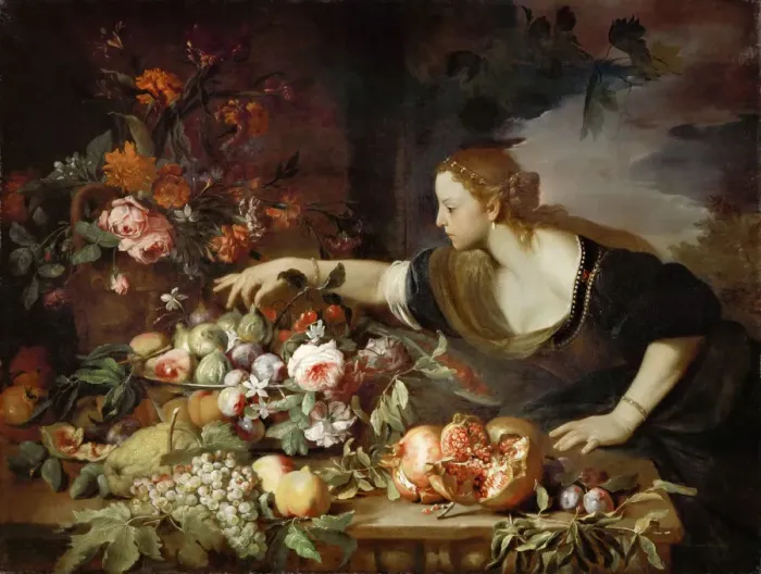 Framed Print : Woman taking fruit. Artist: Brueghel, Abraham (1631-1697) Framed Print : Woman taking fruit. Artist: Brueghel, Abraham (1631-1697)
