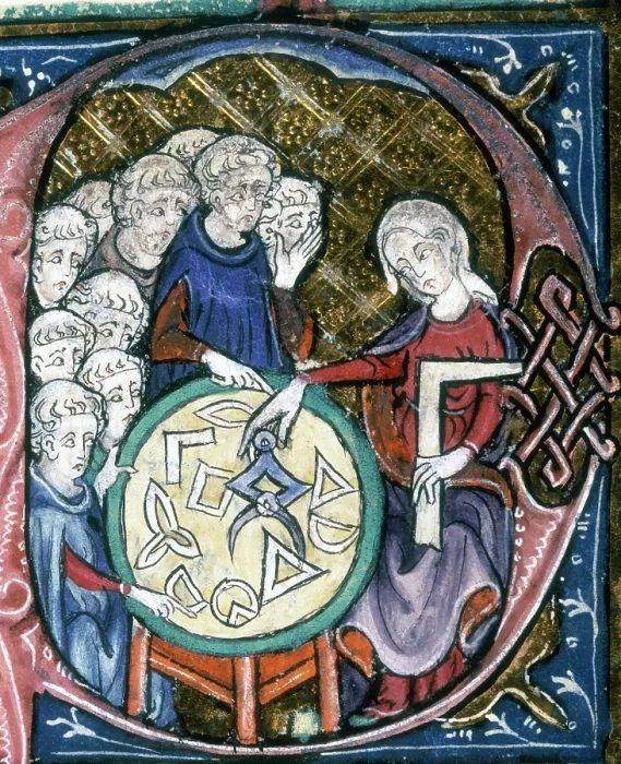 Framed Print : A woman teaching geometry, 1350. Creator: Unknown Framed Print : A woman teaching geometry, 1350. Creator: Unknown