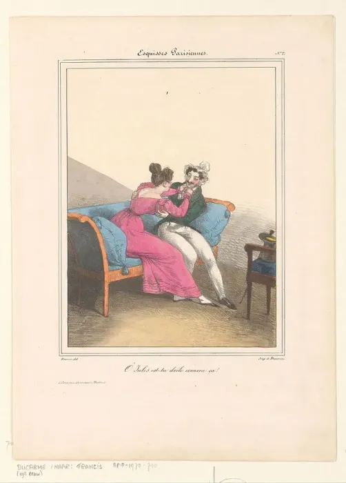 Framed Print : Woman teases her lover, 1827-1828. Creator: Francis Conscience Framed Print : Woman teases her lover, 1827-1828. Creator: Francis Conscience