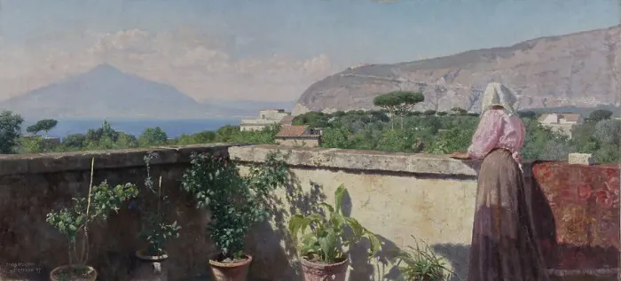 Framed Print : Woman on the terrace of the Cocumella hotel. View of Vesuvius, 1897. Creator: Henry Brokman Framed Print : Woman on the terrace of the Cocumella hotel. View of Vesuvius, 1897. Creator: Henry Brokman
