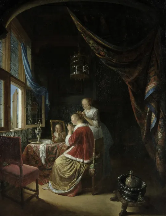 Framed Print : Woman at her Toilet, 1667. Creator: Dou, Gerard (Gerrit) (1613-1675) Framed Print : Woman at her Toilet, 1667. Creator: Dou, Gerard (Gerrit) (1613-1675)