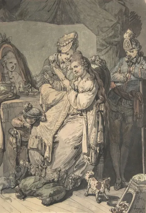 Framed Print : A Woman at her Toilet with a Maid, a Boy, a Dog and a Young Soldier; verso: A Sketch Framed Print : A Woman at her Toilet with a Maid, a Boy, a Dog and a Young Soldier; verso: A Sketch