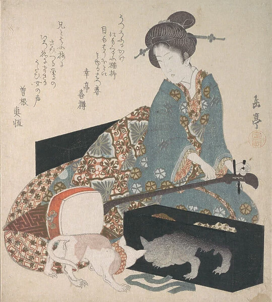 Woman Tuning a Shamisen and a Cat Looking at its Own Reflection, mid- 1820s