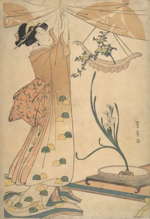 Framed Print : A Woman Tying up a Curtain, a Flower Arrangement of Chrysanthemums in a Boat-shaped Ha Framed Print : A Woman Tying up a Curtain, a Flower Arrangement of Chrysanthemums in a Boat-shaped Ha