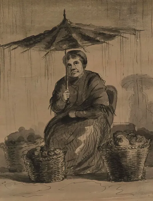 Framed Print : Woman Under an Umbrella in a Market, mid 19th century. Creator: Alfred Jacob Miller Framed Print : Woman Under an Umbrella in a Market, mid 19th century. Creator: Alfred Jacob Miller