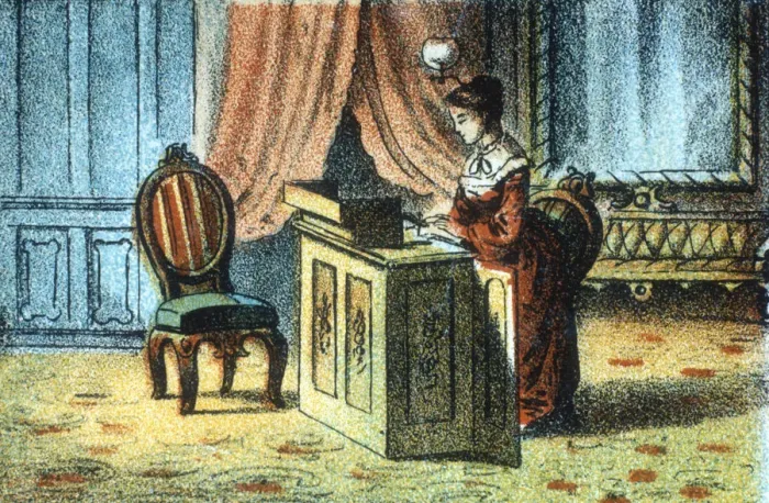 Framed Print : Woman using sewing machine patented by Elias Howe [c1878]
