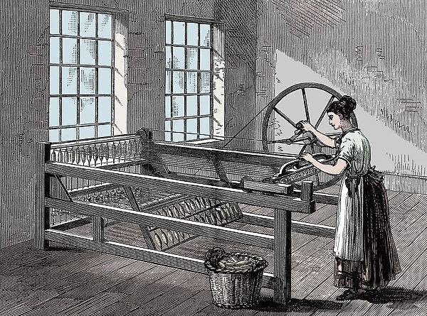 Woman using a Spinning Jenny, c1880