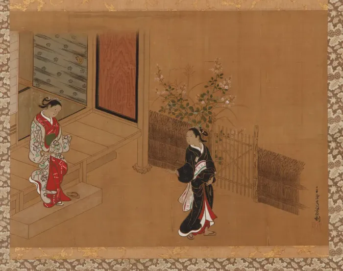 Framed Print : Woman on the verandah steps; another in the garden, Edo period, 18th century Framed Print : Woman on the verandah steps; another in the garden, Edo period, 18th century
