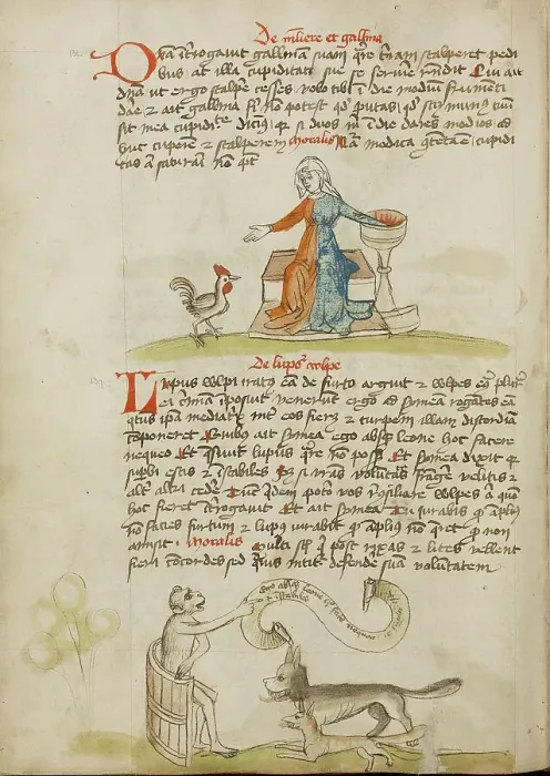 Framed Print : A Woman with a Vessel and a Hen: A Monkey Instructing a Fox... third quarter of 15th century. Creator: Unknown Framed Print : A Woman with a Vessel and a Hen: A Monkey Instructing a Fox... third quarter of 15th century. Creator: Unknown