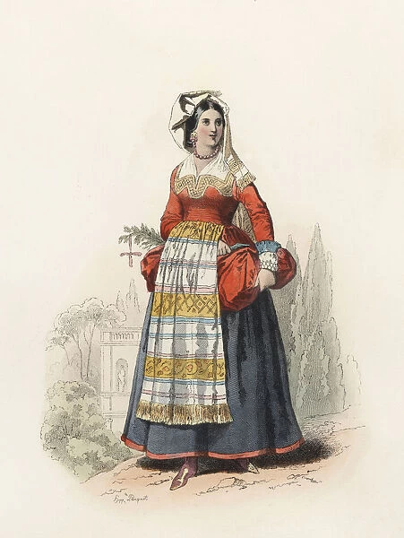 Woman from Villettri, near Rome, in the modern age, color engraving 1870