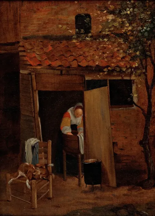 Framed Print : Woman washing clothes in a courtyard, after 1653. Creator: Johannes Gerritsz van Cuylenburch Framed Print : Woman washing clothes in a courtyard, after 1653. Creator: Johannes Gerritsz van Cuylenburch