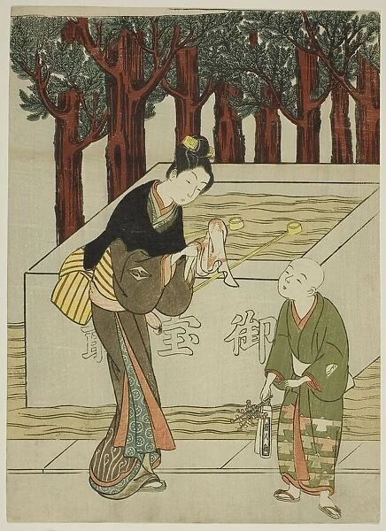 Woman Washing Her Hands before Entering a Shrine, c. 1767. Creator: Suzuki Harunobu
