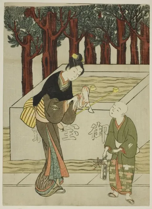Framed Print : Woman Washing Her Hands before Entering a Shrine, c. 1767. Creator: Suzuki Harunobu Framed Print : Woman Washing Her Hands before Entering a Shrine, c. 1767. Creator: Suzuki Harunobu