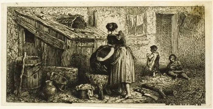 Framed Print : Woman Washing Pots, with Children, 1845. Creator: Charles Emile Jacque Framed Print : Woman Washing Pots, with Children, 1845. Creator: Charles Emile Jacque