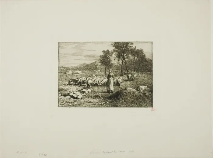 Framed Print : Woman Watching Over a Herd of Pigs, 1868. Creator: Charles Emile Jacque Framed Print : Woman Watching Over a Herd of Pigs, 1868. Creator: Charles Emile Jacque