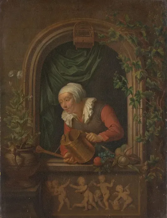 Framed Print : Woman Watering a Plant, 1720-1771. Creator: Louis de Moni Framed Print : Woman Watering a Plant, 1720-1771. Creator: Louis de Moni