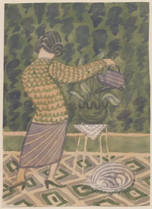Framed Print : Woman watering plants, c1951. Creator: Shirley Markham Framed Print : Woman watering plants, c1951. Creator: Shirley Markham