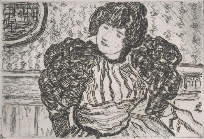 Framed Print : Woman wearing a dress with puffy sleeves, ca. 1906. Creator: Charles Cottet Framed Print : Woman wearing a dress with puffy sleeves, ca. 1906. Creator: Charles Cottet
