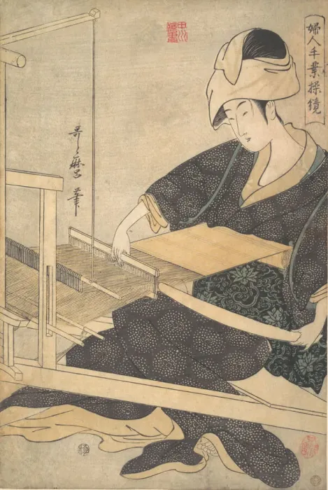 Framed Print : A Woman Weaving, Seated at a Hand Loom, ca. 1796. Creator: Kitagawa Utamaro Framed Print : A Woman Weaving, Seated at a Hand Loom, ca. 1796. Creator: Kitagawa Utamaro