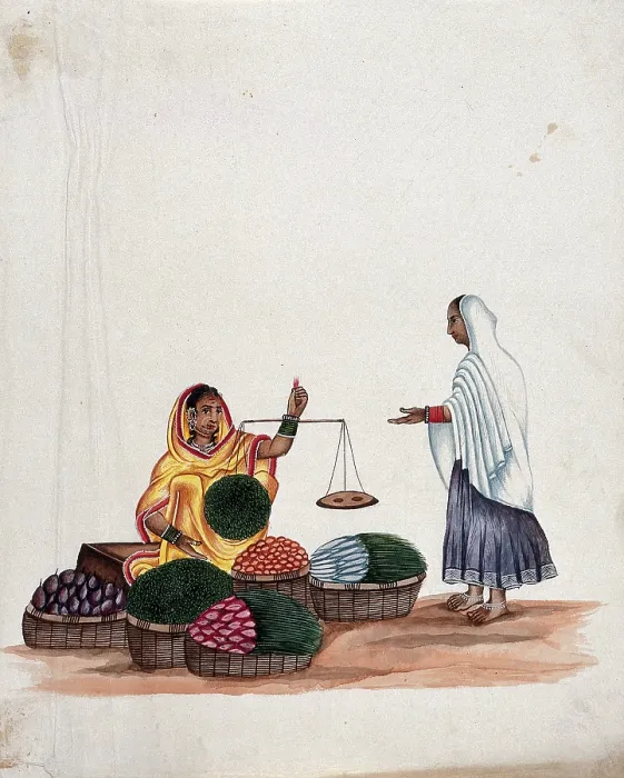 Framed Print : A woman weighing vegetables for a female customer, (between 1800 and 1899?). Creator: Unknown Framed Print : A woman weighing vegetables for a female customer, (between 1800 and 1899?). Creator: Unknown
