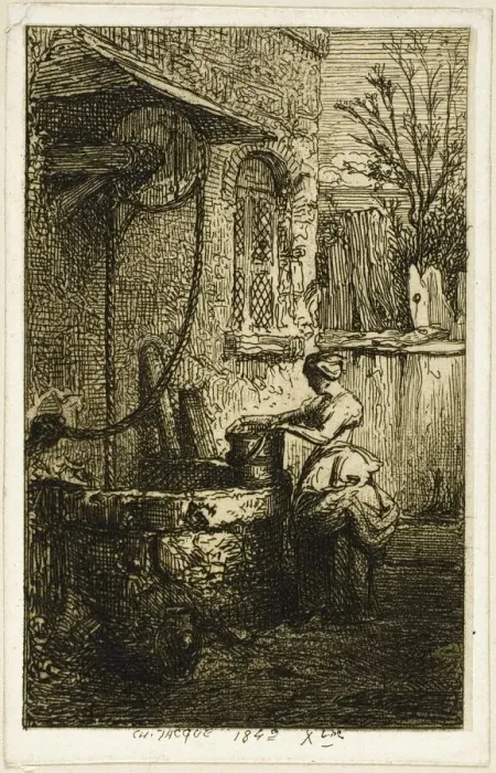 Framed Print : Woman at a Well, 1842. Creator: Charles Emile Jacque Framed Print : Woman at a Well, 1842. Creator: Charles Emile Jacque