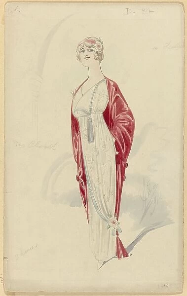 Woman in white evening dress with floral pattern, No. D.34, 1914. Creator: Price