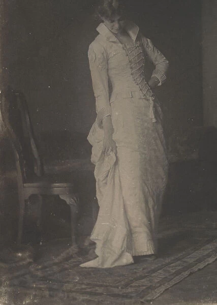 [Woman in White Laced-bodice Dress in Studio of Thomas Eakins], 1880s. 1880s