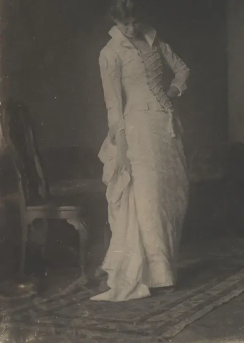 Framed Print : [Woman in White Laced-bodice Dress in Studio of Thomas Eakins], 1880s. 1880s