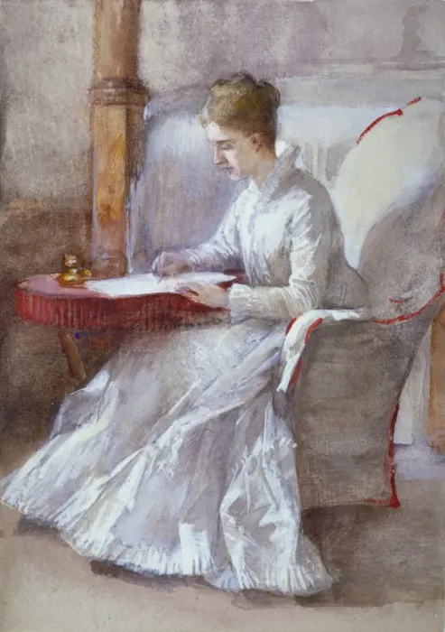 Framed Print : A Woman in White Writing at a Desk, c1864-1930. Artist: Anna Lea Merritt Framed Print : A Woman in White Writing at a Desk, c1864-1930. Artist: Anna Lea Merritt