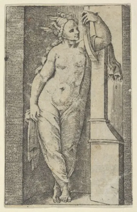 Framed Print : Woman with a winged head standing in a niche, ca. 1510-27. Creator: Marcantonio Raimondi Framed Print : Woman with a winged head standing in a niche, ca. 1510-27. Creator: Marcantonio Raimondi