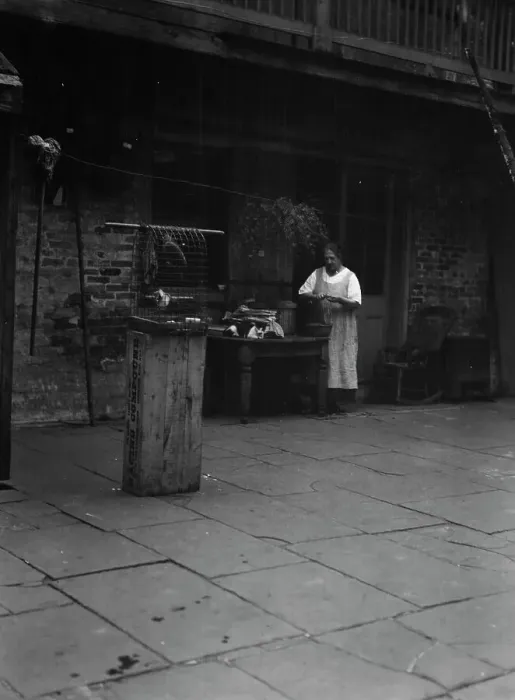 Framed Print : Woman working in a courtyard, New Orleans, between 1920 and 1926. Creator: Arnold Genthe Framed Print : Woman working in a courtyard, New Orleans, between 1920 and 1926. Creator: Arnold Genthe
