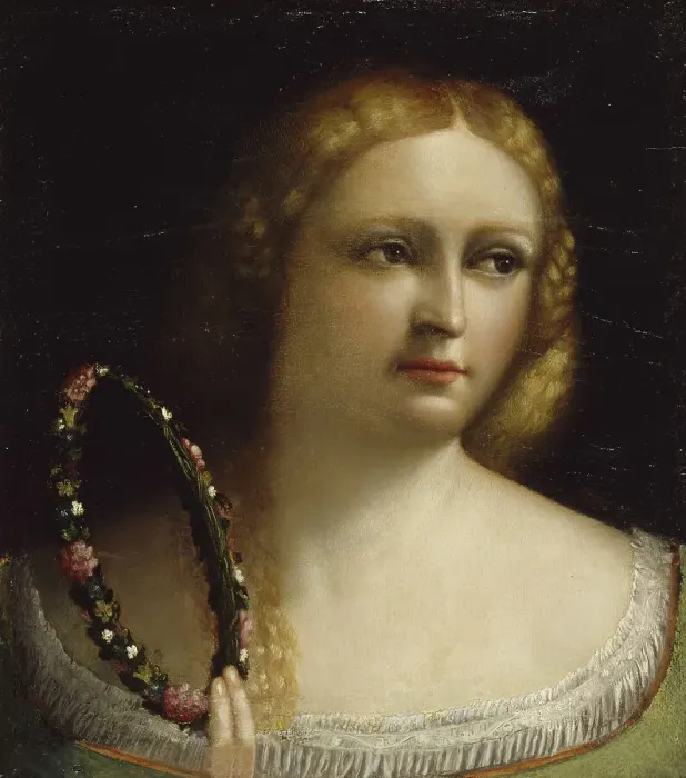 Framed Print : Woman with a Wreath-Crown, 1520-1525. Creator: Dosso Dossi Framed Print : Woman with a Wreath-Crown, 1520-1525. Creator: Dosso Dossi