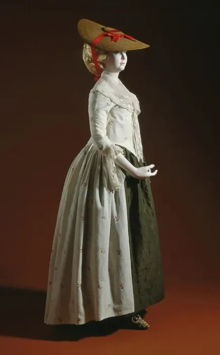 Framed Print : Woman's Robe à l'anglaise ensemble (gown, petticoat, fichu); hat; and shoes, Robe: 1780-1790. Creator: Unknown Framed Print : Woman's Robe à l'anglaise ensemble (gown, petticoat, fichu); hat; and shoes, Robe: 1780-1790. Creator: Unknown