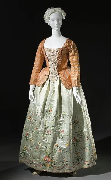 Woman's striped silk sack-back jacket (caraco), Europe, c.1760, altered c.1780. Petticoat: c.1785. Creator: Unknown