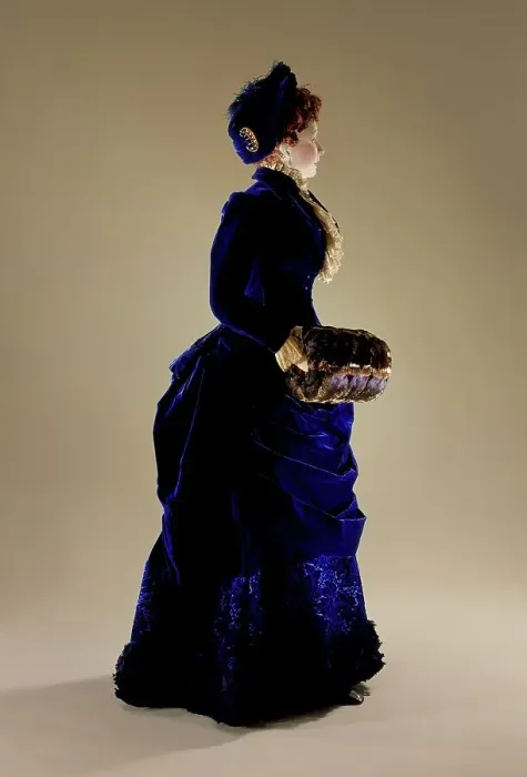 Framed Print : Woman's two-piece dress ensemble with matching hat, blue silk velvet. c.1880. Creator: Unknown Framed Print : Woman's two-piece dress ensemble with matching hat, blue silk velvet. c.1880. Creator: Unknown