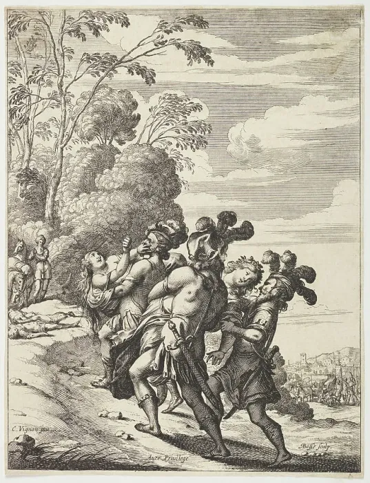 Framed Print : Two women being abducted by three masked men, 1639. Creator: Abraham Bosse Framed Print : Two women being abducted by three masked men, 1639. Creator: Abraham Bosse