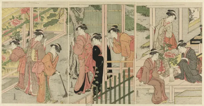Framed Print : Women Admiring Peonies, c. 1789 / 1801. Creator: Katsukawa Shuncho Framed Print : Women Admiring Peonies, c. 1789 / 1801. Creator: Katsukawa Shuncho