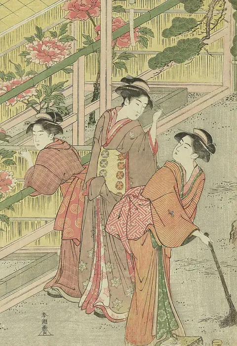 Framed Print : Women Admiring Peonies, c. 1789 / 1801. Creator: Katsukawa Shuncho Framed Print : Women Admiring Peonies, c. 1789 / 1801. Creator: Katsukawa Shuncho