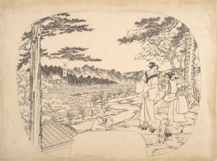 Framed Print : Two Women Admiring the Sights from a Vantage Point... the Zenpukuji Temple, 19th century Framed Print : Two Women Admiring the Sights from a Vantage Point... the Zenpukuji Temple, 19th century