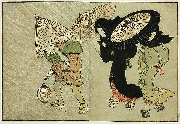 Two Women and Attendant Caught in a Storm, from the illustrated book 'Picture... New Year, 1801. Creator: Kitagawa Utamaro. Two Women and Attendant Caught in a Storm, from the illustrated book 'Picture... New Year, 1801