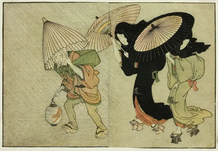 Framed Print : Two Women and Attendant Caught in a Storm, from the illustrated book Picture... New Year, 1801. Creator: Kitagawa Utamaro. Two Women and Attendant Caught in a Storm, from the illustrated book Picture... New Year, 1801 Framed Print : Two Women and Attendant Caught in a Storm, from the illustrated book Picture... New Year, 1801. Creator: Kitagawa Utamaro. Two Women and Attendant Caught in a Storm, from the illustrated book Picture... New Year, 1801