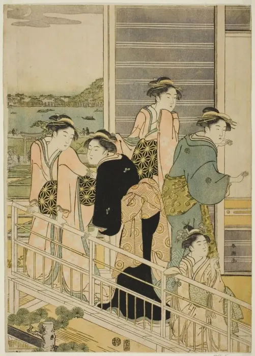 Framed Print : Women on a Balcony of a Yoshiwara Teahouse, c. 1780s. Creator: Katsukawa Shuncho Framed Print : Women on a Balcony of a Yoshiwara Teahouse, c. 1780s. Creator: Katsukawa Shuncho
