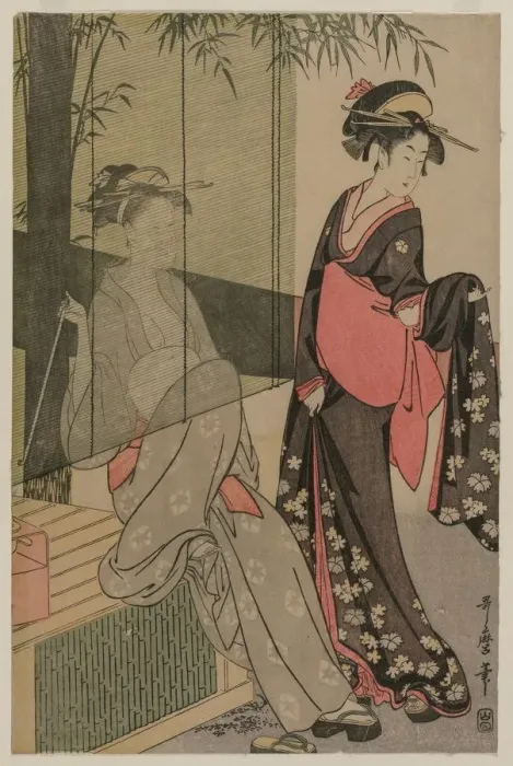 Framed Print : Two Women by a Bamboo Blind, c. 1797 or 1798. Creator: Kitagawa Utamaro (Japanese, 1753?-1806) Framed Print : Two Women by a Bamboo Blind, c. 1797 or 1798. Creator: Kitagawa Utamaro (Japanese, 1753?-1806)