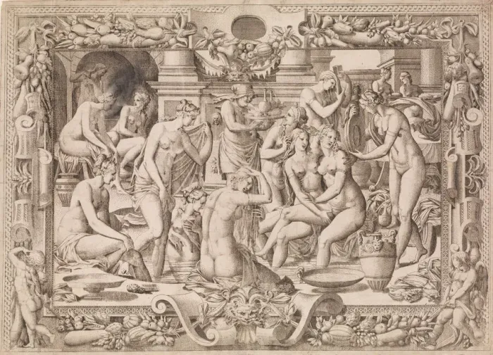 Framed Print : Women Bathing, 1535-55. Creator: Jean Mignon Framed Print : Women Bathing, 1535-55. Creator: Jean Mignon
