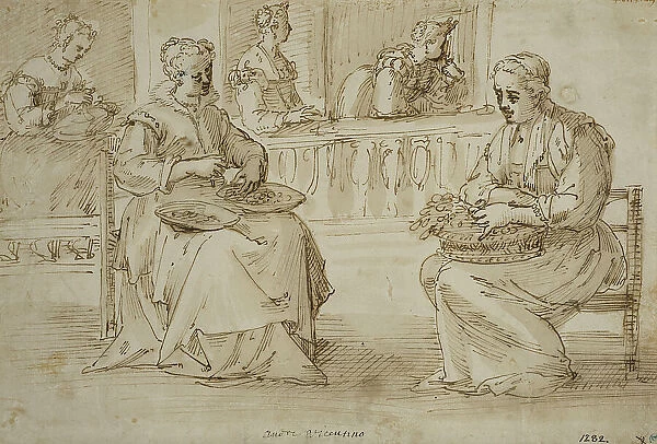Two women with bowls in their laps sit on a terrace. Creator: Pietro Liberi