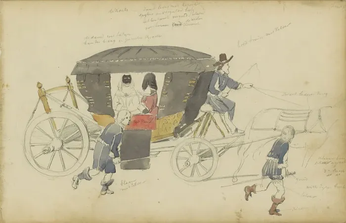 Framed Print : Two women in a carriage, 1852. Creator: Cornelis Springer Framed Print : Two women in a carriage, 1852. Creator: Cornelis Springer
