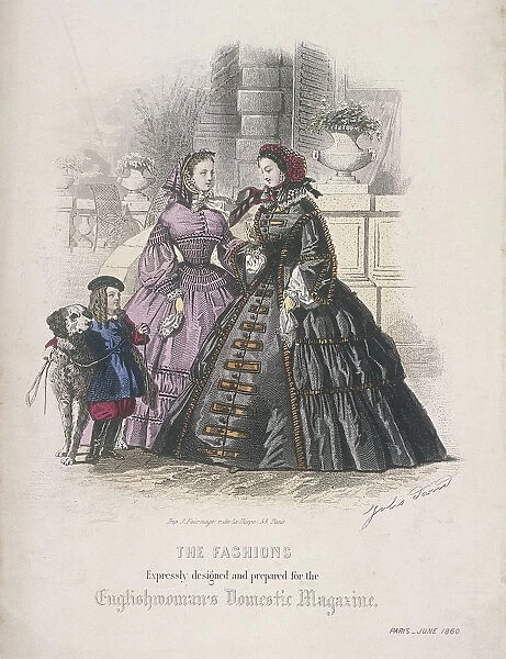 Two women and a child with a dog wearing the latest fashions, 1860