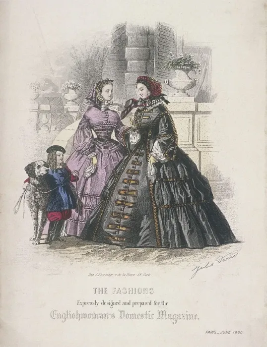 Framed Print : Two women and a child with a dog wearing the latest fashions, 1860 Framed Print : Two women and a child with a dog wearing the latest fashions, 1860