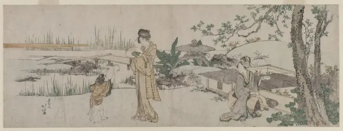 Framed Print : Two Women and a Child Beside a Goldfish Tank, c. 1800. Creator: Katsushika Hokusai (Japanese Framed Print : Two Women and a Child Beside a Goldfish Tank, c. 1800. Creator: Katsushika Hokusai (Japanese